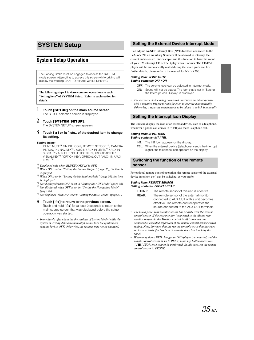 Alpine IVA-W502E System Setup Operation, Setting the External Device Interrupt Mode, Setting the Interrupt Icon Display 