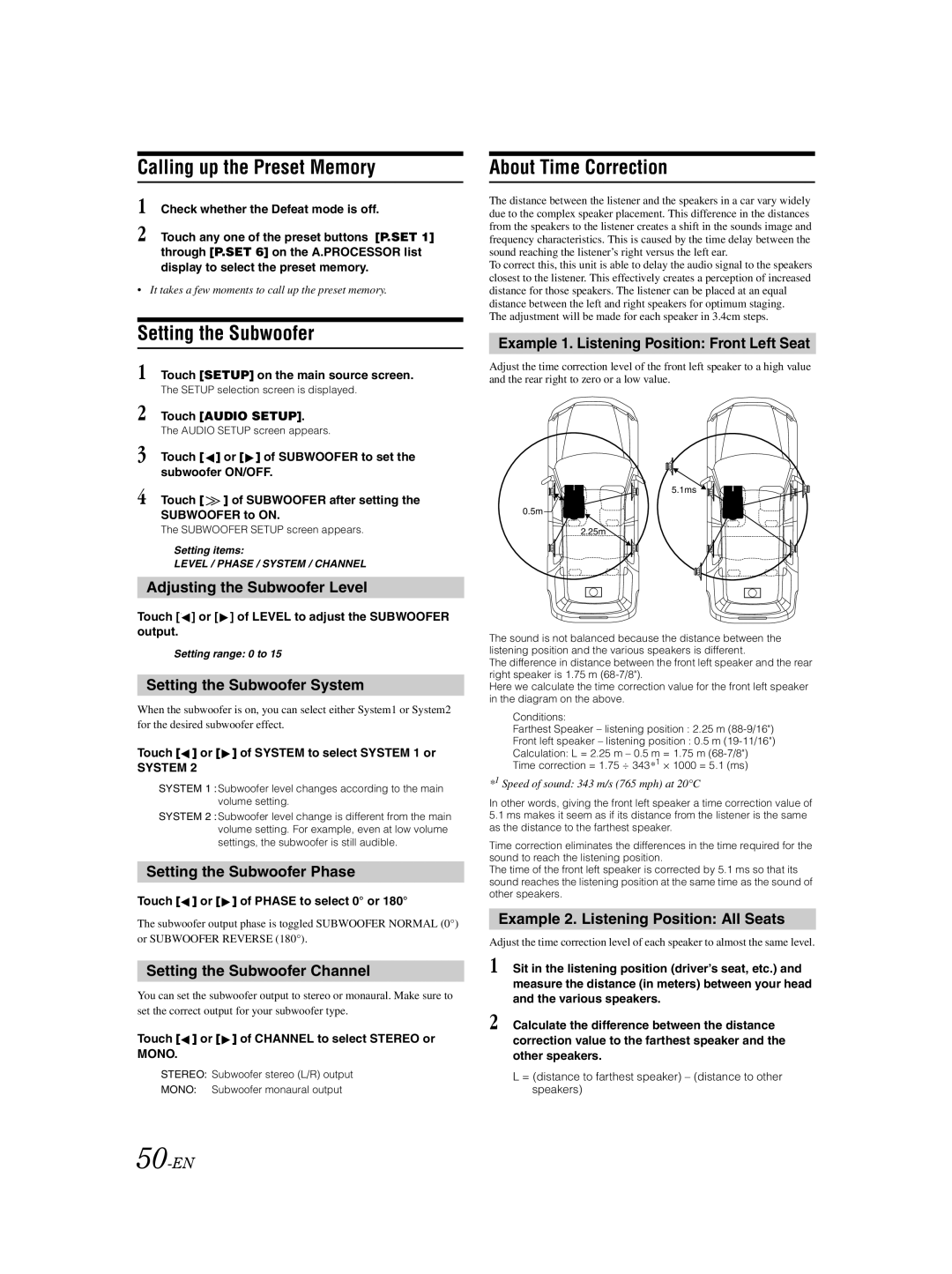 Alpine IVA-W502E owner manual Setting the Subwoofer, About Time Correction 