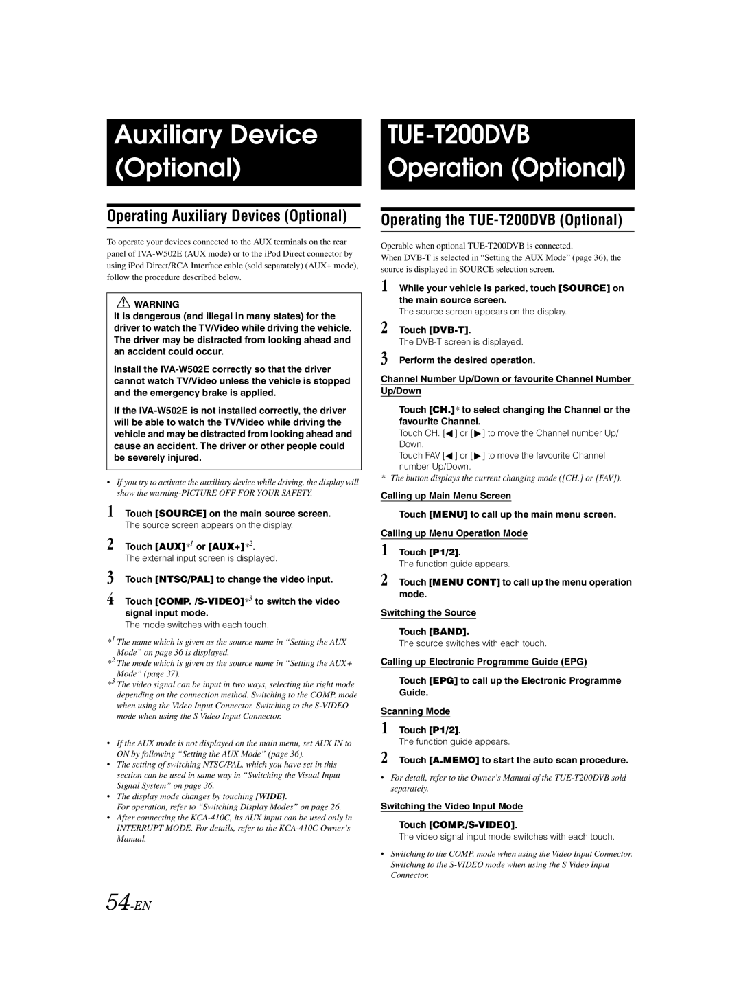 Alpine IVA-W502E Auxiliary Device Optional, TUE-T200DVB Operation Optional, Operating Auxiliary Devices Optional, 54-EN 