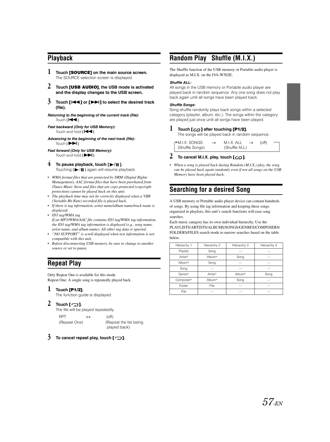 Alpine IVA-W502E owner manual Random Play Shuffle M.I.X, Searching for a desired Song, 57-EN 