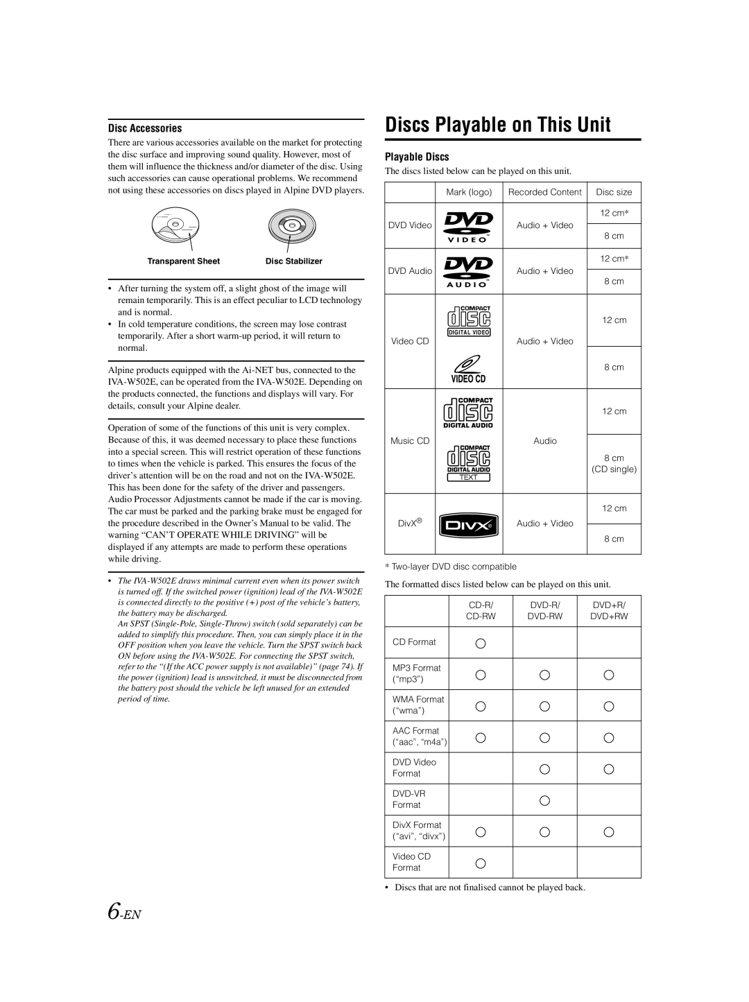 Alpine IVA-W502E Mark logo Recorded Content Disc size, Music CD, CD single, Two-layer DVD disc compatible, Cd-R 