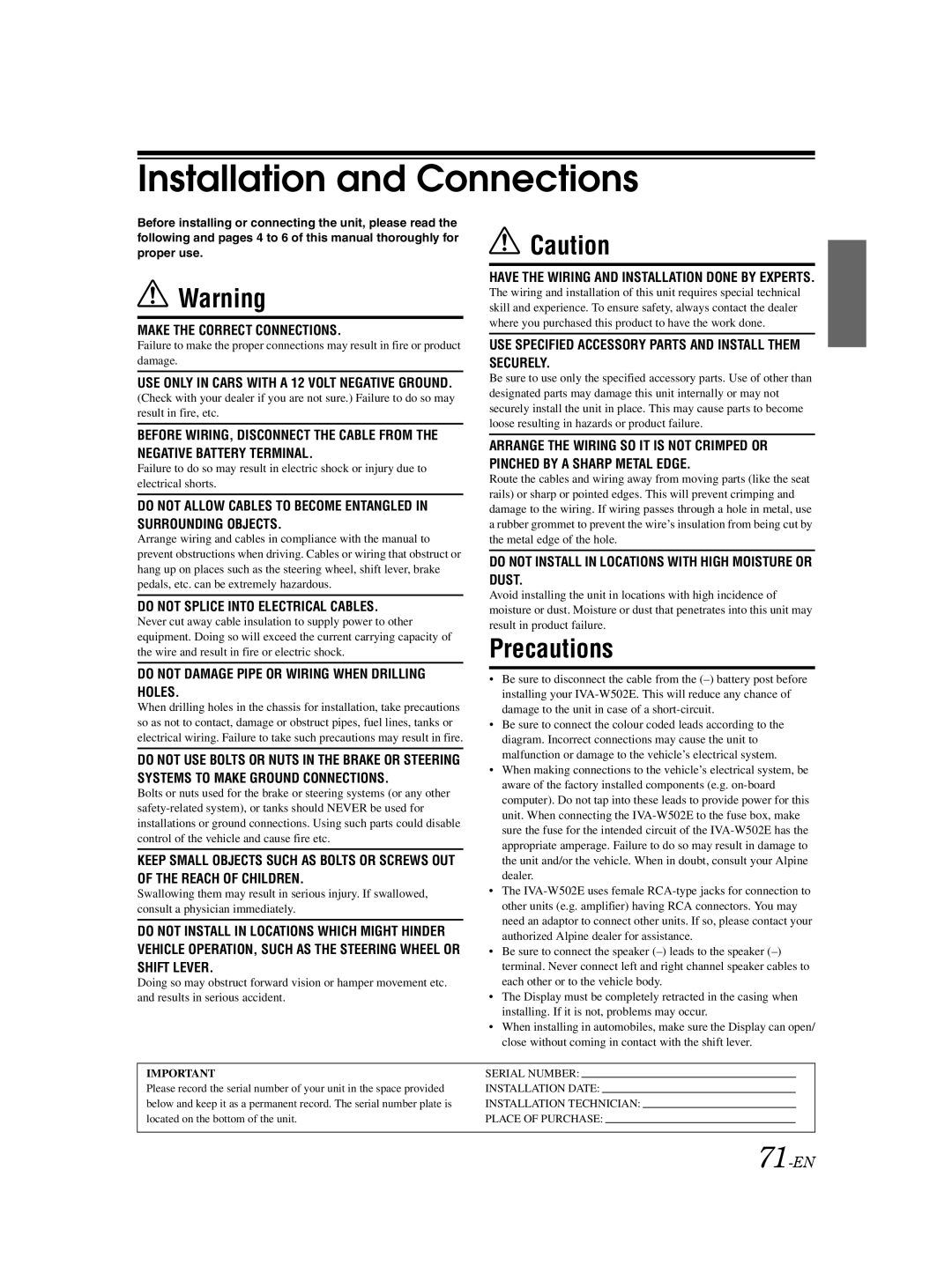 Alpine IVA-W502E owner manual Installation and Connections, 71-EN 