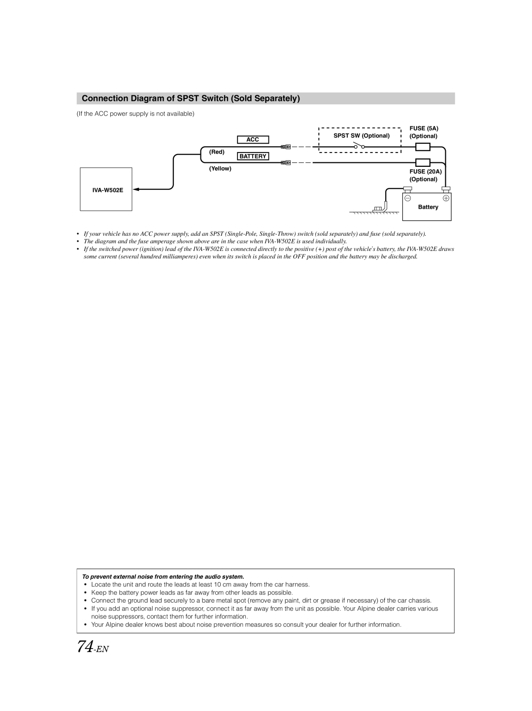 Alpine IVA-W502E Connection Diagram of Spst Switch Sold Separately, 74-EN, If the ACC power supply is not available 