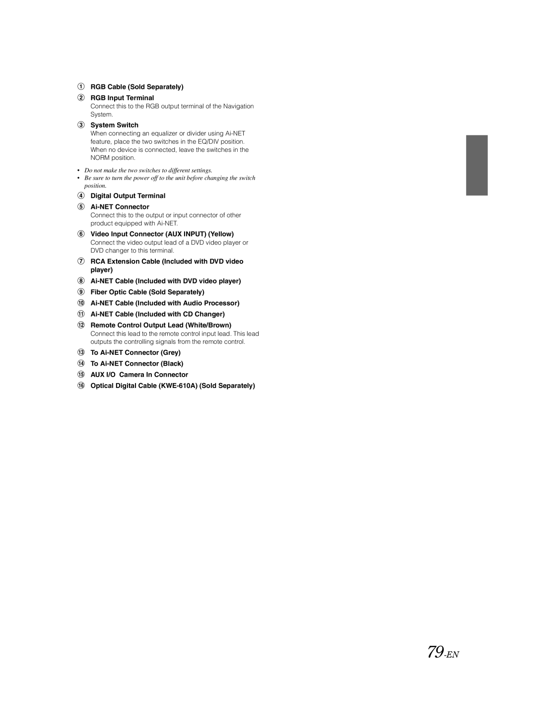 Alpine IVA-W502E owner manual 79-EN, RGB Cable Sold Separately RGB Input Terminal, Digital Output Terminal Ai-NET Connector 