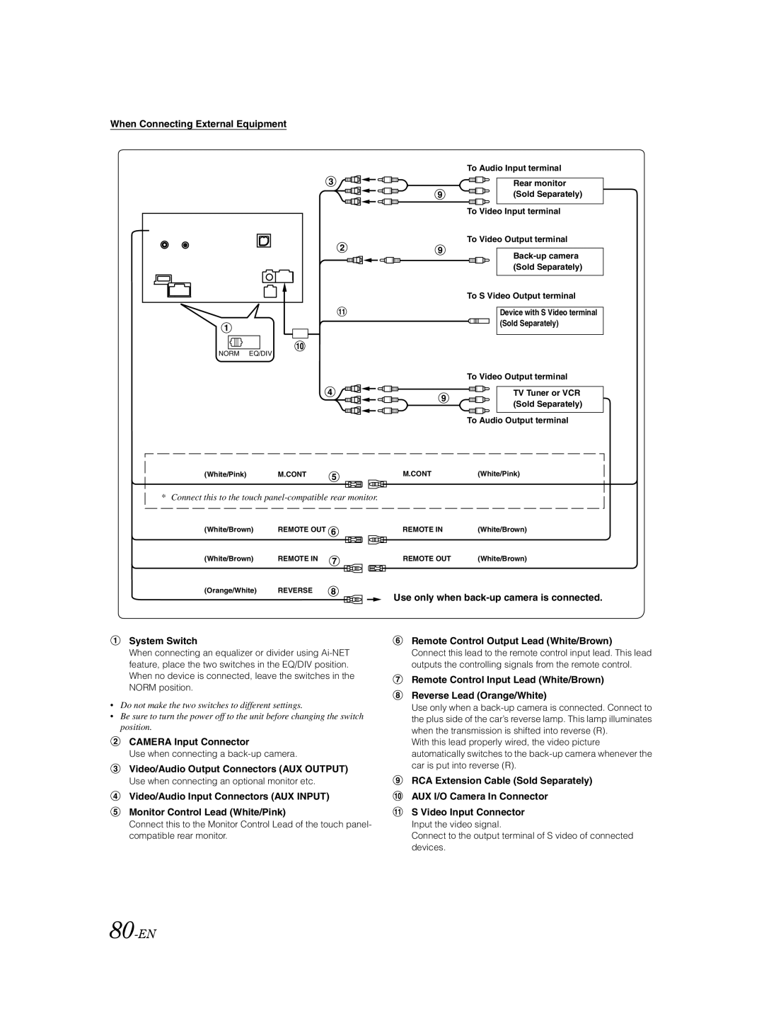 Alpine IVA-W502E owner manual 80-EN, When Connecting External Equipment, Video/Audio Output Connectors AUX Output 