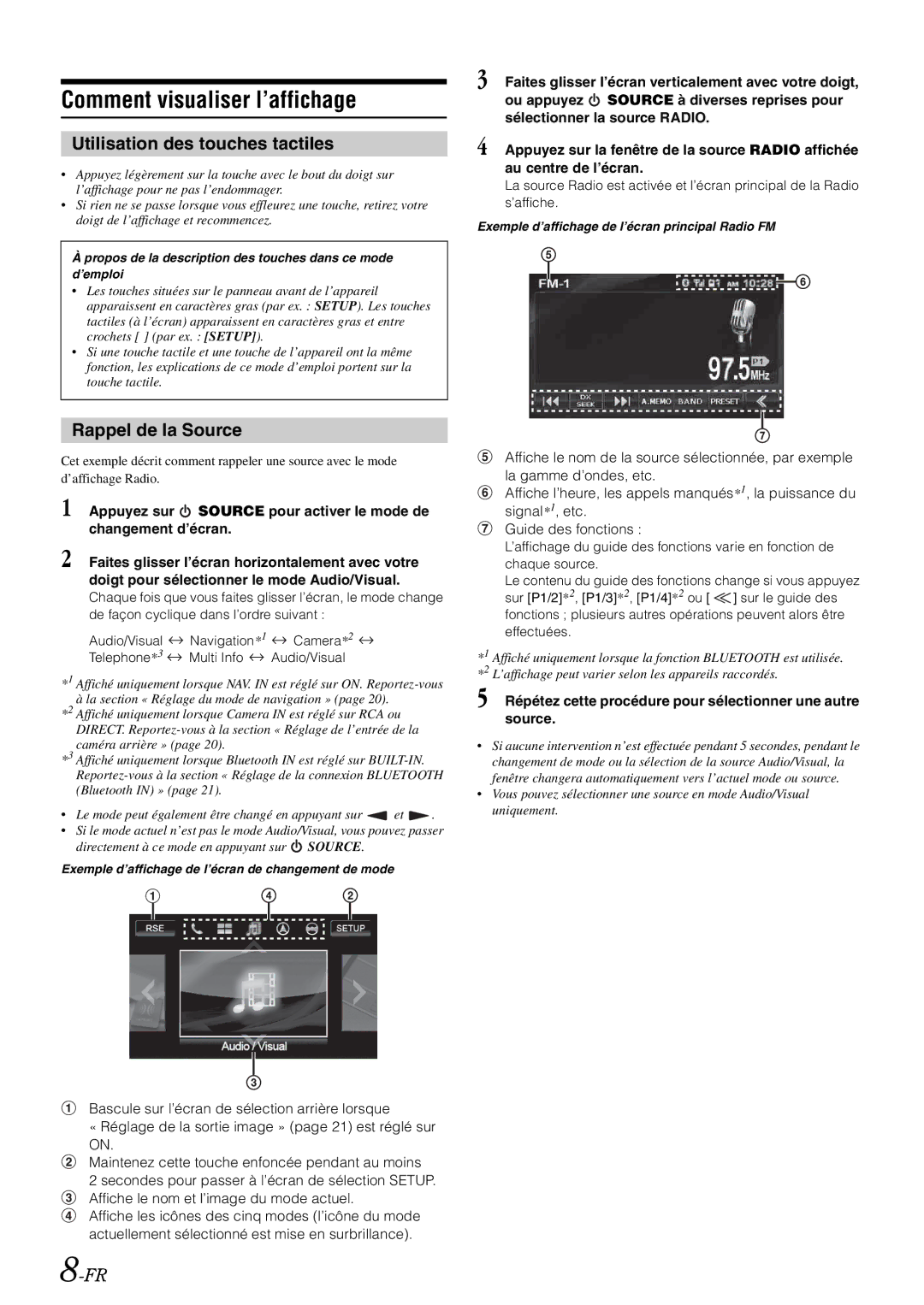 Alpine iXA-W407 owner manual Comment visualiser l’affichage, Utilisation des touches tactiles, Rappel de la Source 