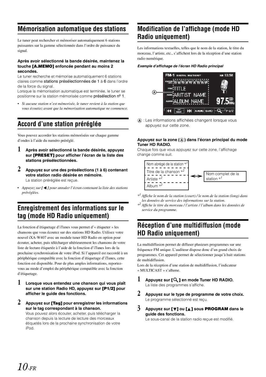 Alpine iXA-W407 owner manual Mémorisation automatique des stations, Accord d’une station préréglée, 10-FR 