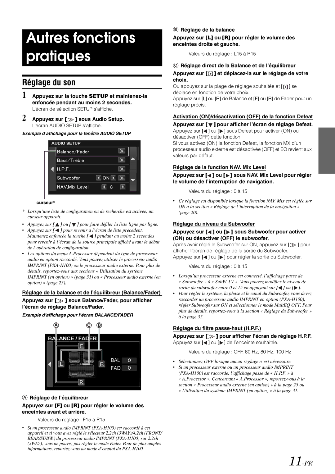 Alpine iXA-W407 owner manual Autres fonctions pratiques, Réglage du son, 11-FR, Appuyez sur sous Audio Setup 