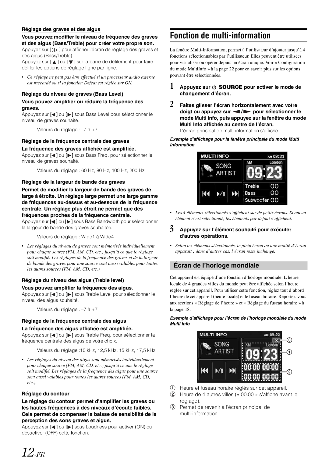 Alpine iXA-W407 owner manual Fonction de multi-information, 12-FR, Écran de l’horloge mondiale 