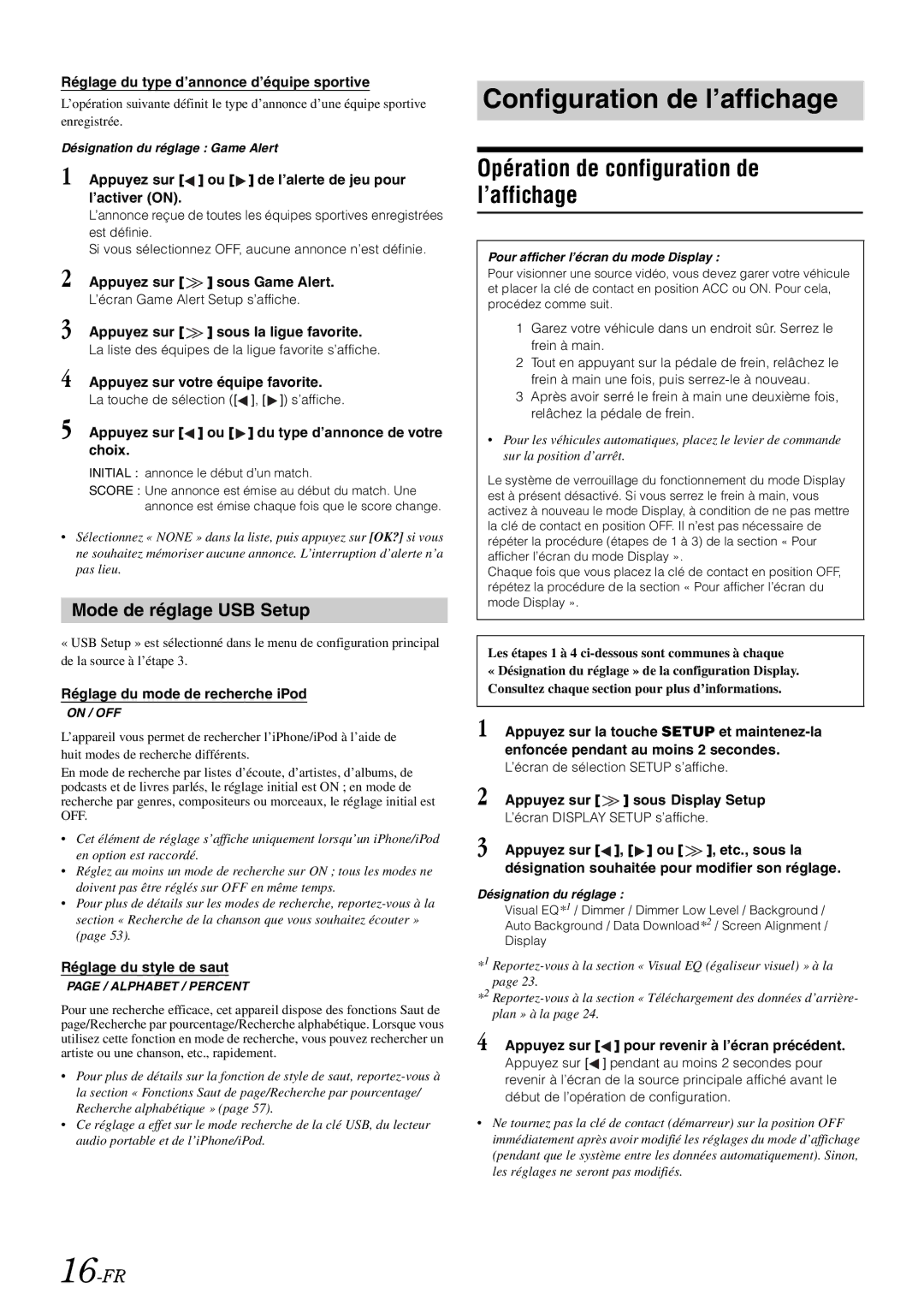 Alpine iXA-W407 owner manual Opération de configuration de l’affichage, Mode de réglage USB Setup, 16-FR 