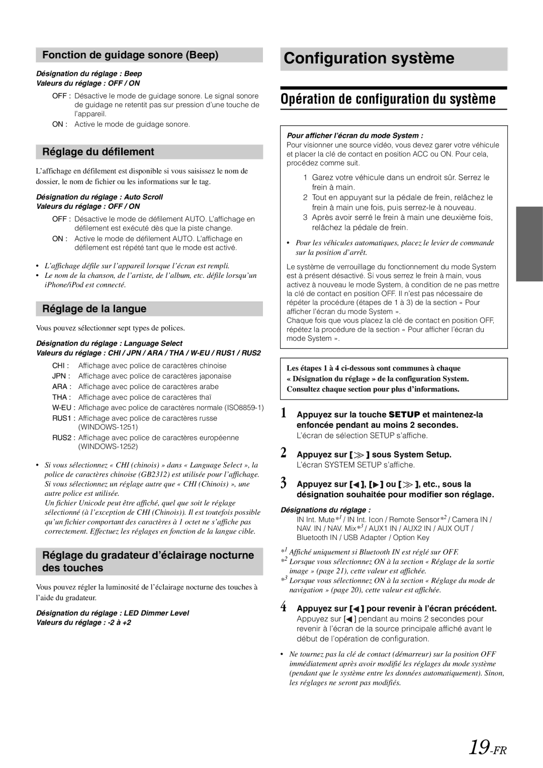 Alpine iXA-W407 owner manual Opération de configuration du système, Fonction de guidage sonore Beep, Réglage du défilement 