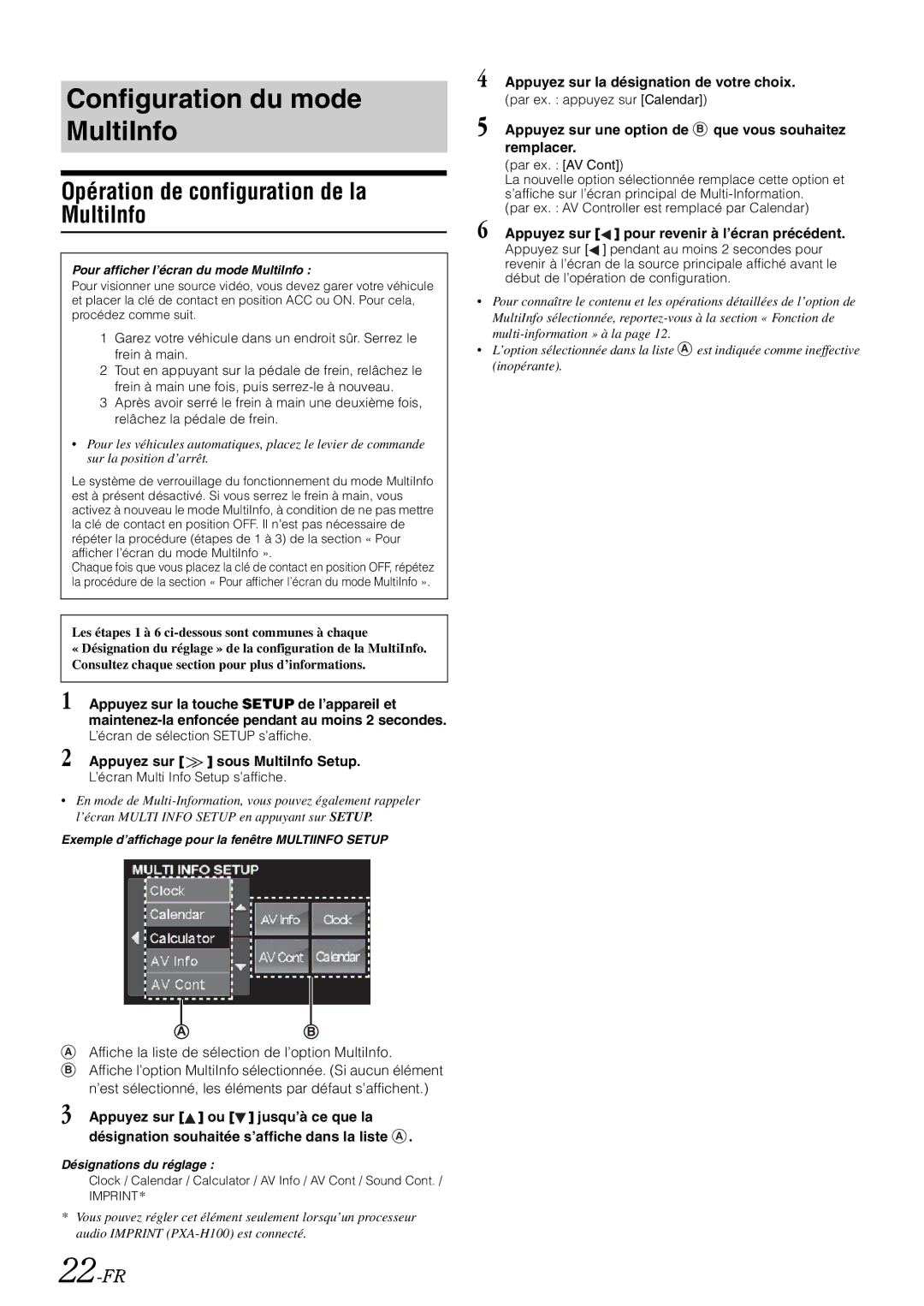 Alpine iXA-W407 owner manual Opération de configuration de la MultiInfo, 22-FR, Appuyez sur la désignation de votre choix 