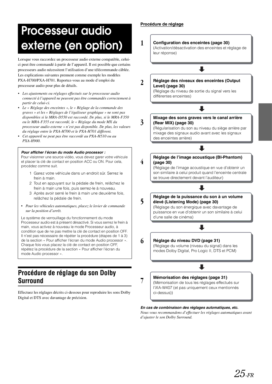 Alpine iXA-W407 owner manual Processeur audio externe en option, Procédure de réglage du son Dolby Surround, 25-FR 