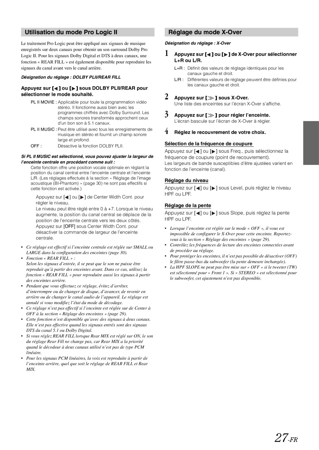 Alpine iXA-W407 owner manual Utilisation du mode Pro Logic, Réglage du mode X-Over, 27-FR 