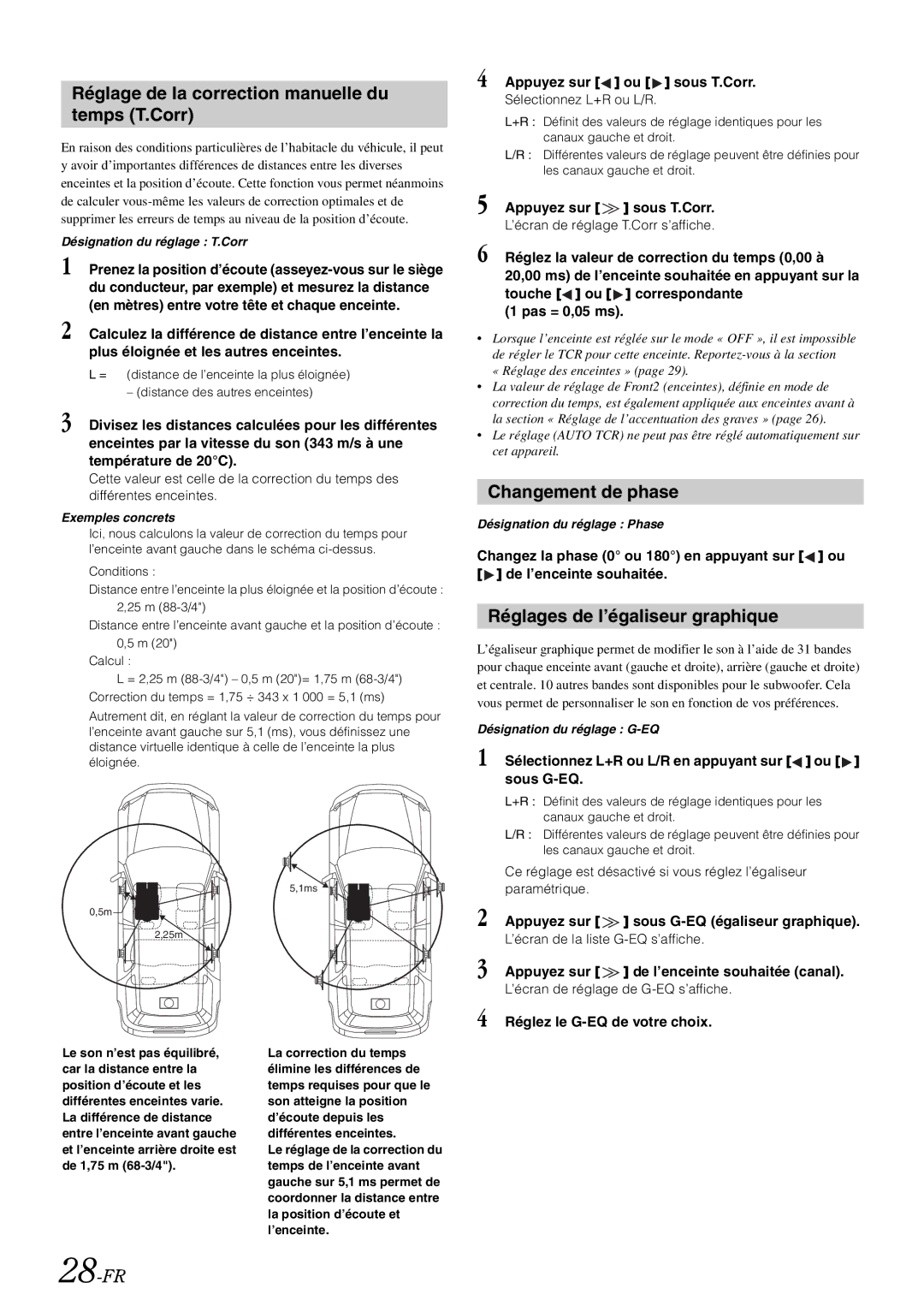 Alpine iXA-W407 Réglage de la correction manuelle du temps T.Corr, Changement de phase, Réglages de l’égaliseur graphique 