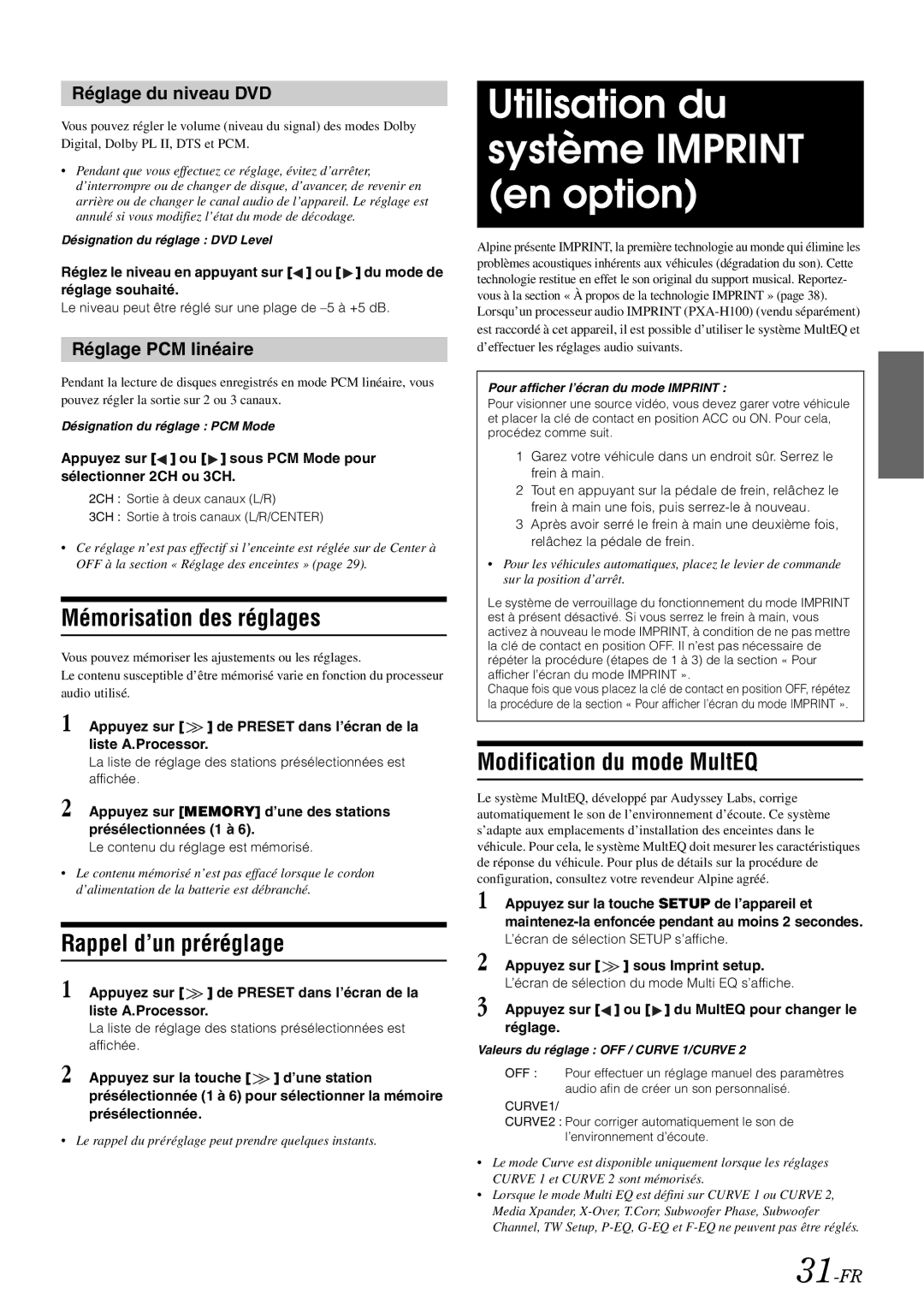 Alpine iXA-W407 owner manual Utilisation du système Imprint en option, Mémorisation des réglages, Rappel d’un préréglage 