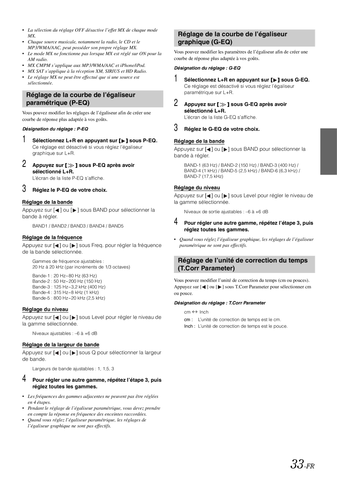 Alpine iXA-W407 Réglage de la courbe de l’égaliseur paramétrique P-EQ, Réglage de la courbe de l’égaliseur graphique G-EQ 