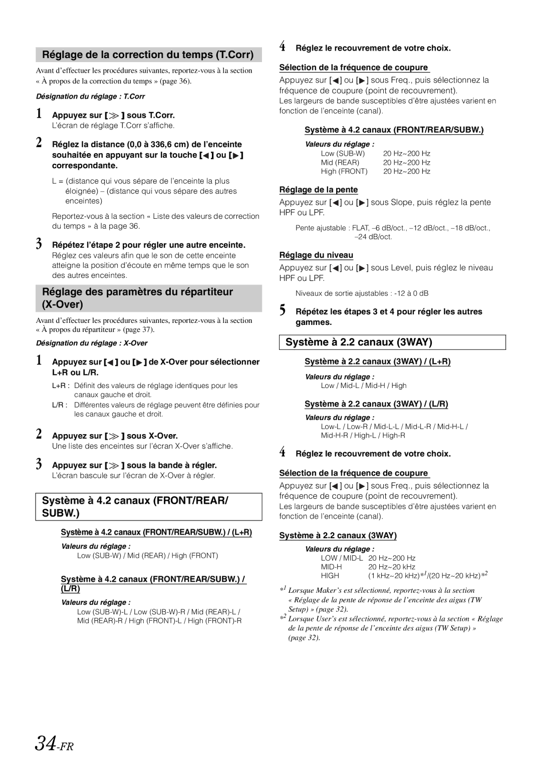 Alpine iXA-W407 owner manual Réglage de la correction du temps T.Corr, Réglage des paramètres du répartiteur X-Over, 34-FR 