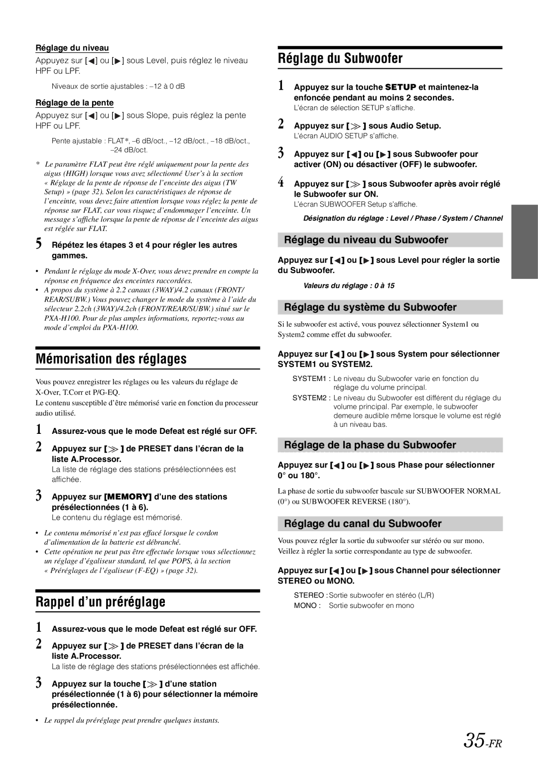 Alpine iXA-W407 owner manual Mémorisation des réglages 