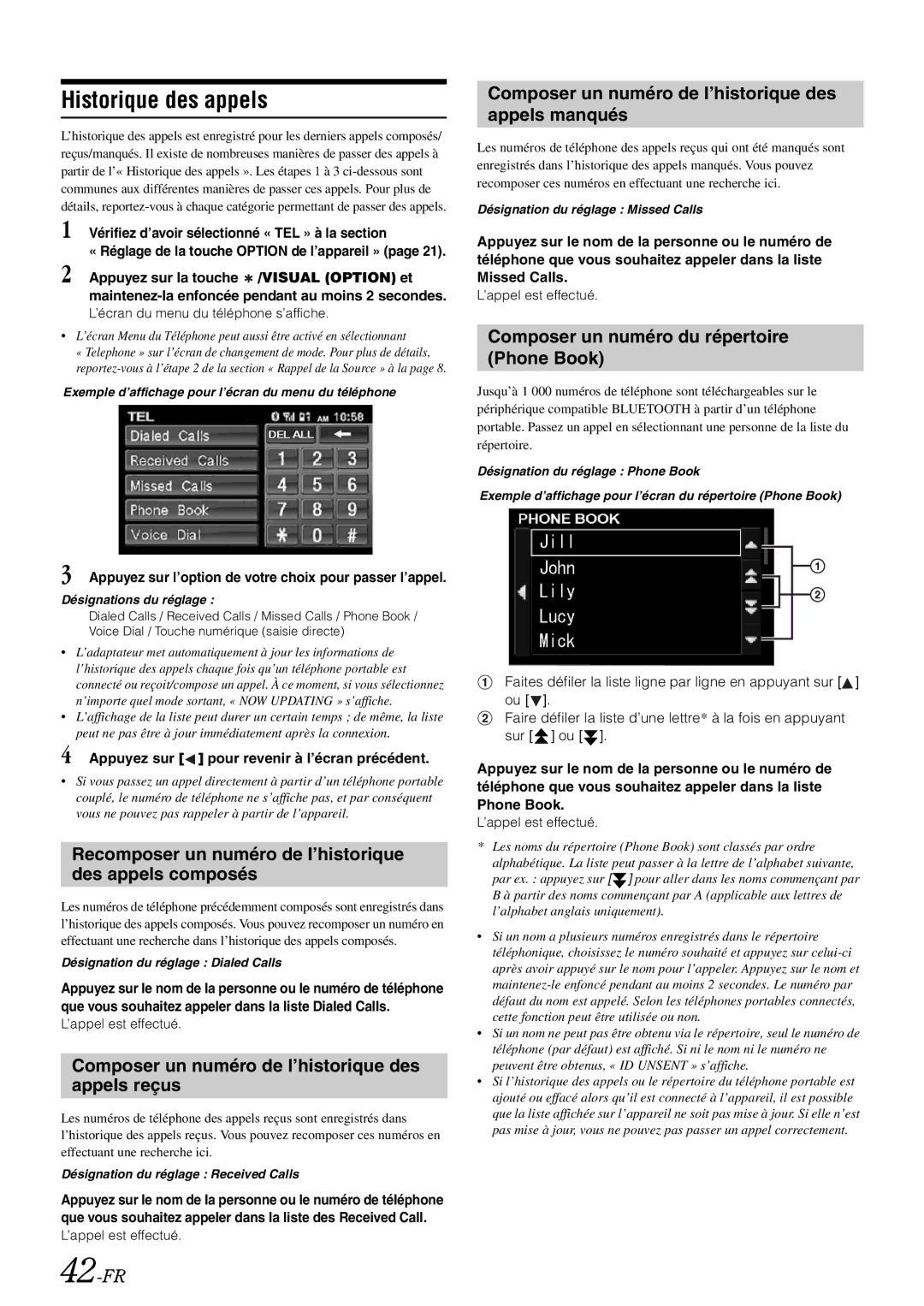 Alpine iXA-W407 owner manual Historique des appels, Recomposer un numéro de l’historique des appels composés 