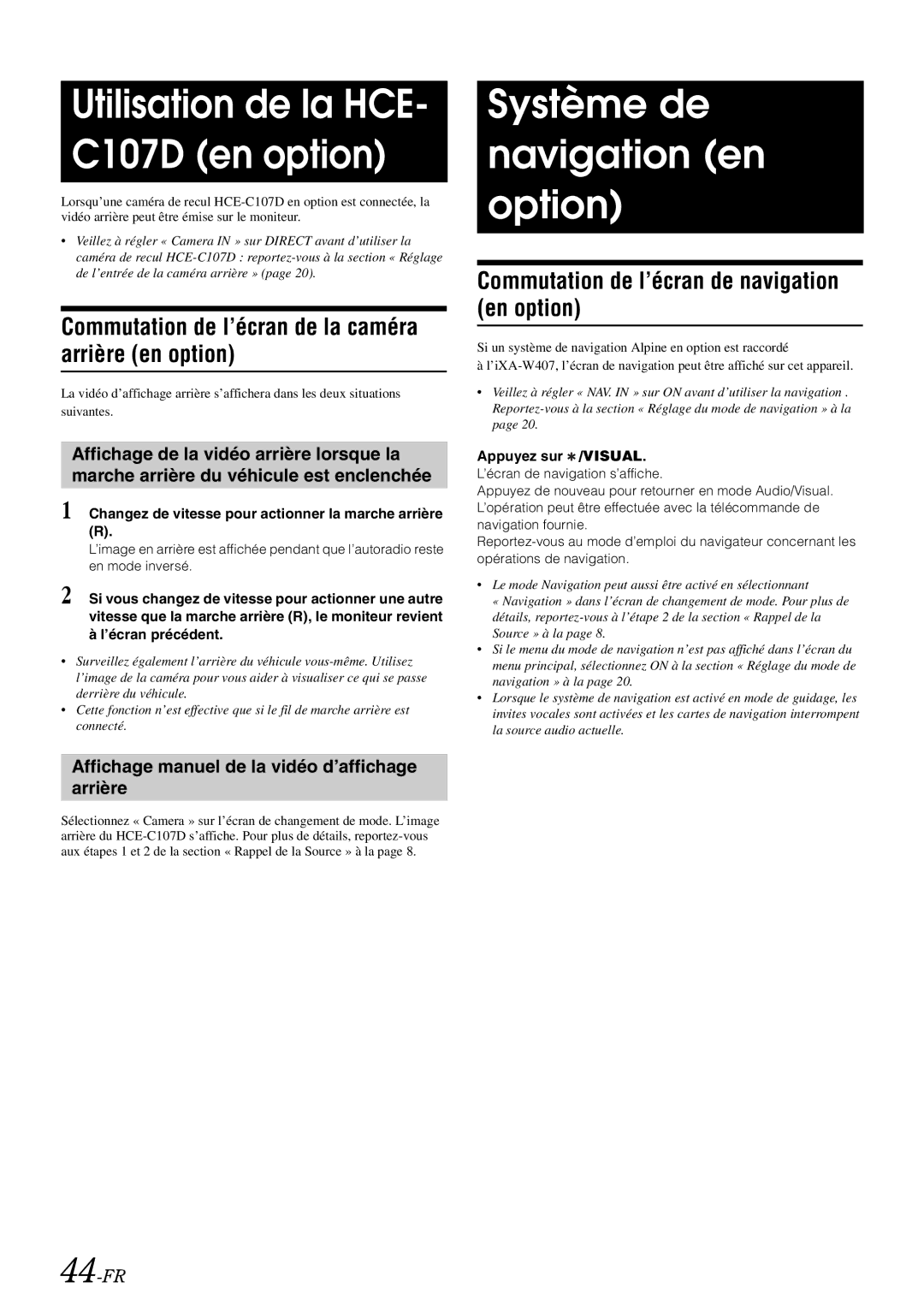 Alpine iXA-W407 owner manual Système de navigation en option, Commutation de l’écran de la caméra arrière en option, 44-FR 