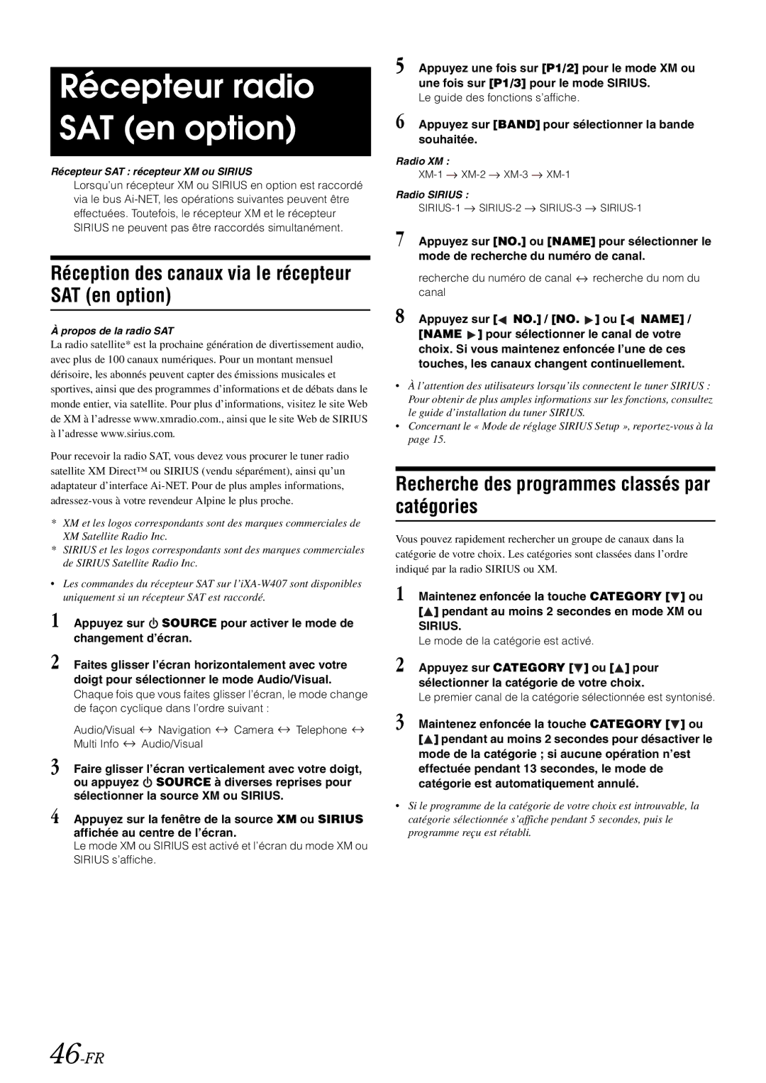 Alpine iXA-W407 owner manual Récepteur radio SAT en option, Réception des canaux via le récepteur SAT en option, 46-FR 