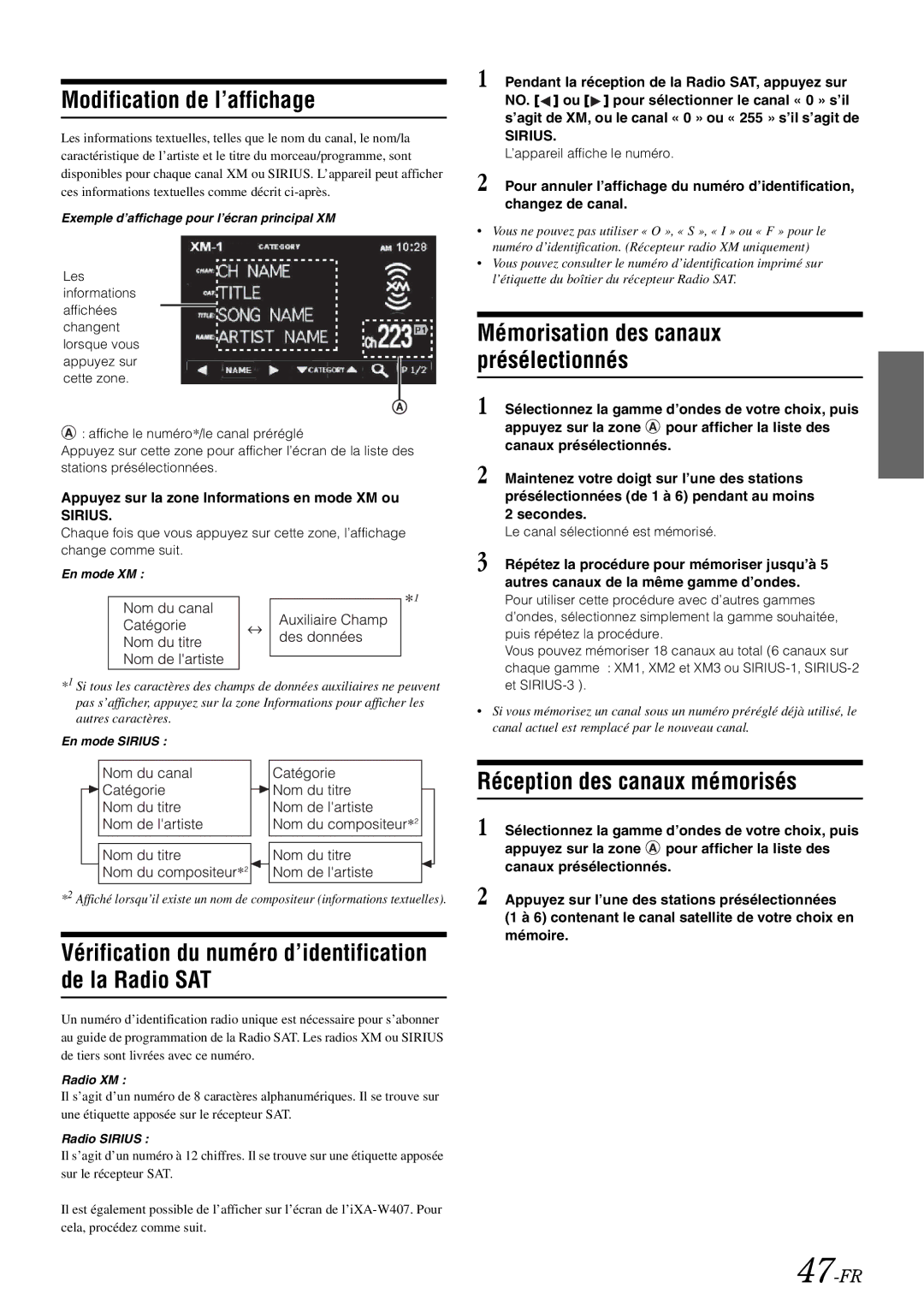 Alpine iXA-W407 Modification de l’affichage, Mémorisation des canaux présélectionnés, Réception des canaux mémorisés 