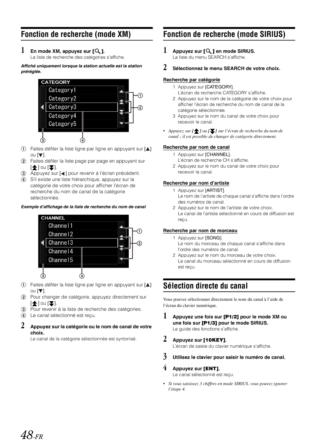Alpine iXA-W407 Fonction de recherche mode XM, Fonction de recherche mode Sirius, Sélection directe du canal, 48-FR 