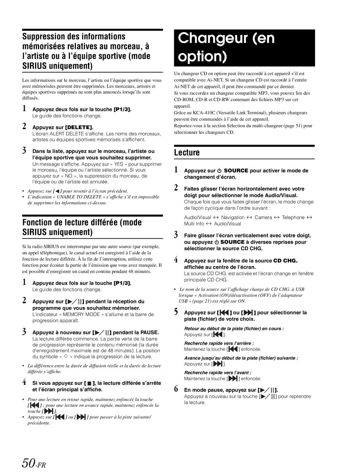 Alpine iXA-W407 owner manual Changeur en option, Fonction de lecture différée mode Sirius uniquement, Lecture, 50-FR 