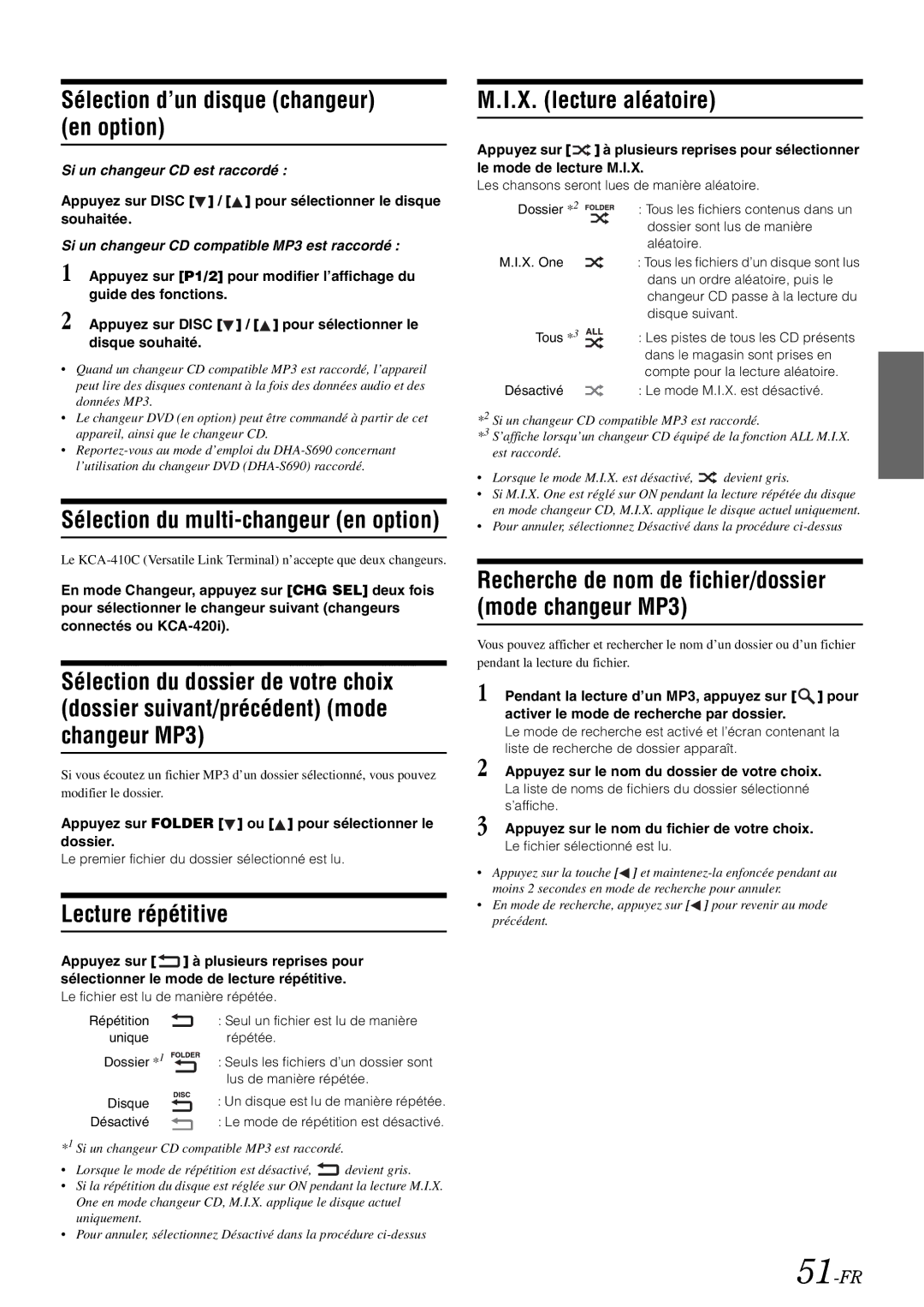 Alpine iXA-W407 owner manual Sélection d’un disque changeur en option, Lecture répétitive, X. lecture aléatoire, 51-FR 