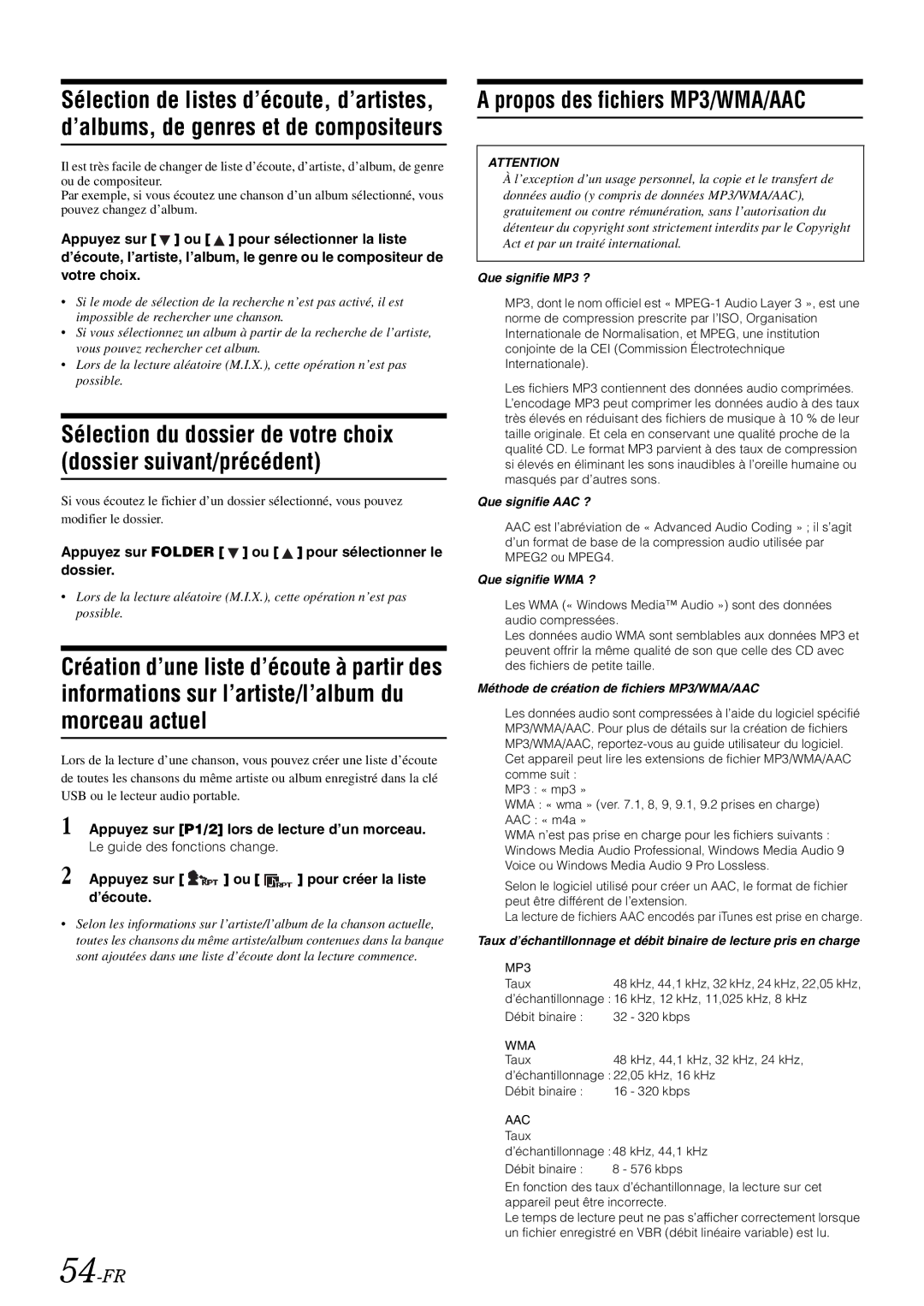 Alpine iXA-W407 owner manual Propos des fichiers MP3/WMA/AAC, 54-FR, Appuyez sur P1/2 lors de lecture d’un morceau 