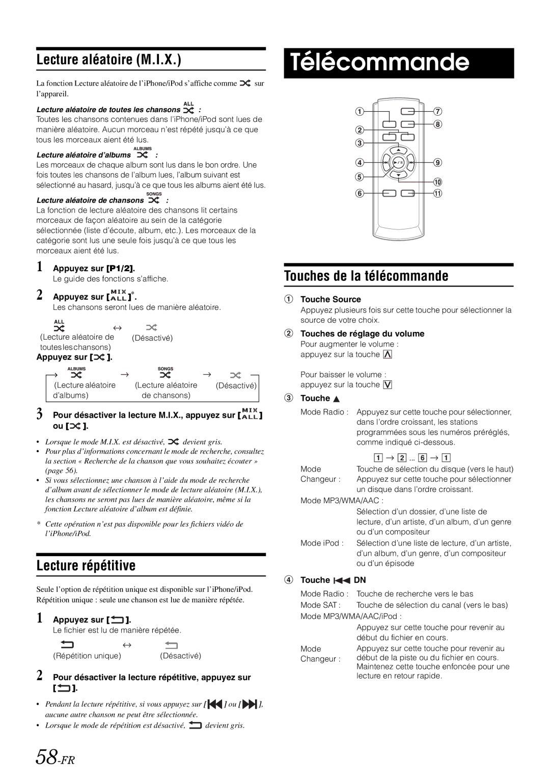 Alpine iXA-W407 owner manual Télécommande, Touches de la télécommande, 58-FR 