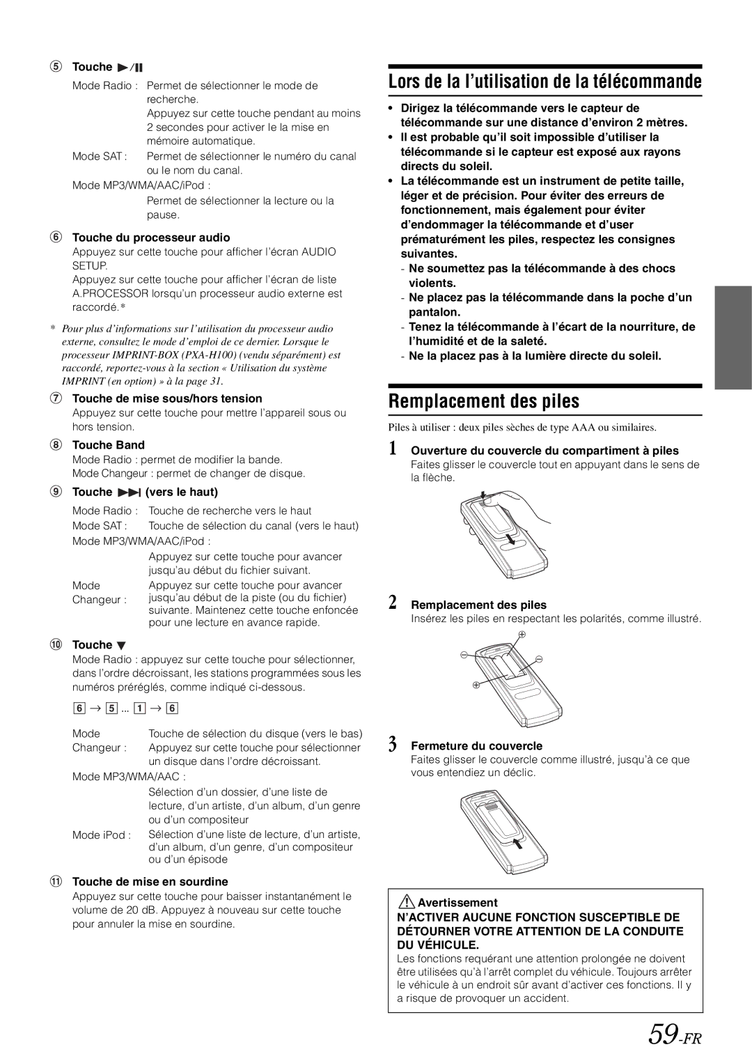 Alpine iXA-W407 owner manual Lors de la l’utilisation de la télécommande, Remplacement des piles, 59-FR 