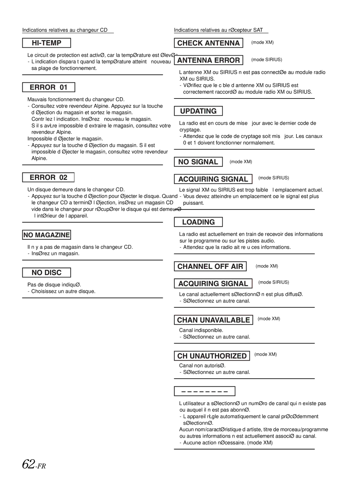 Alpine iXA-W407 owner manual 62-FR, Indications relatives au changeur CD, Indications relatives au récepteur SAT 