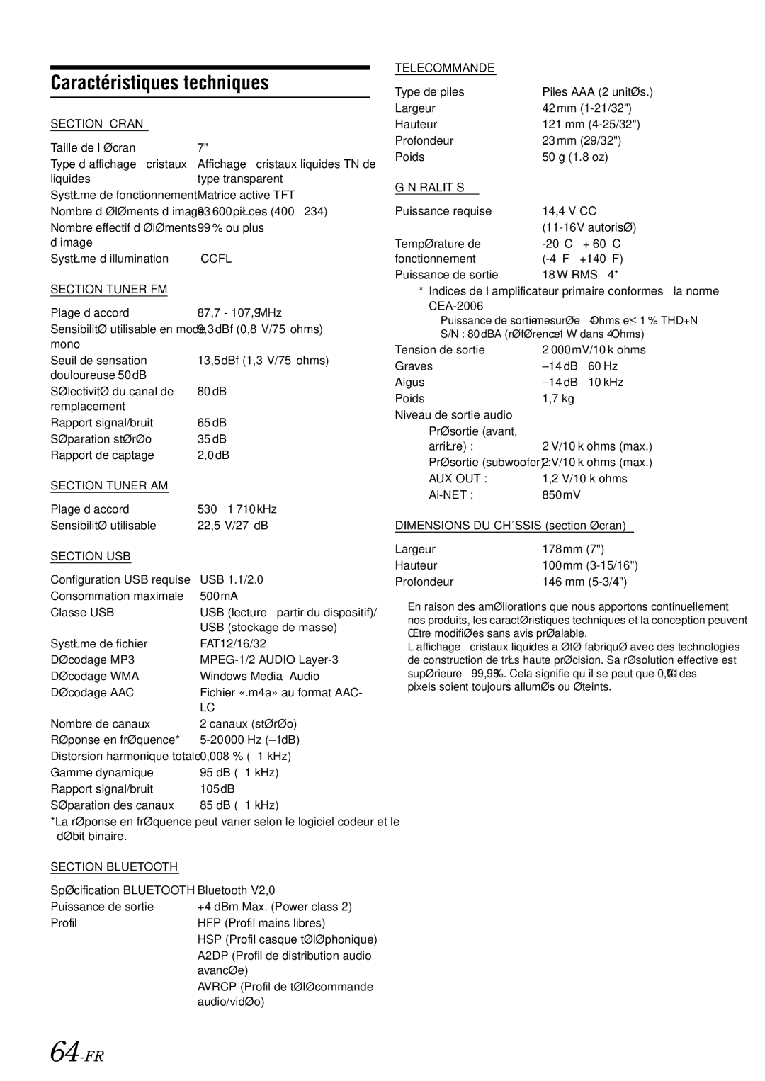 Alpine iXA-W407 owner manual Caractéristiques techniques, 64-FR, Dimensions DU Châssis section écran 