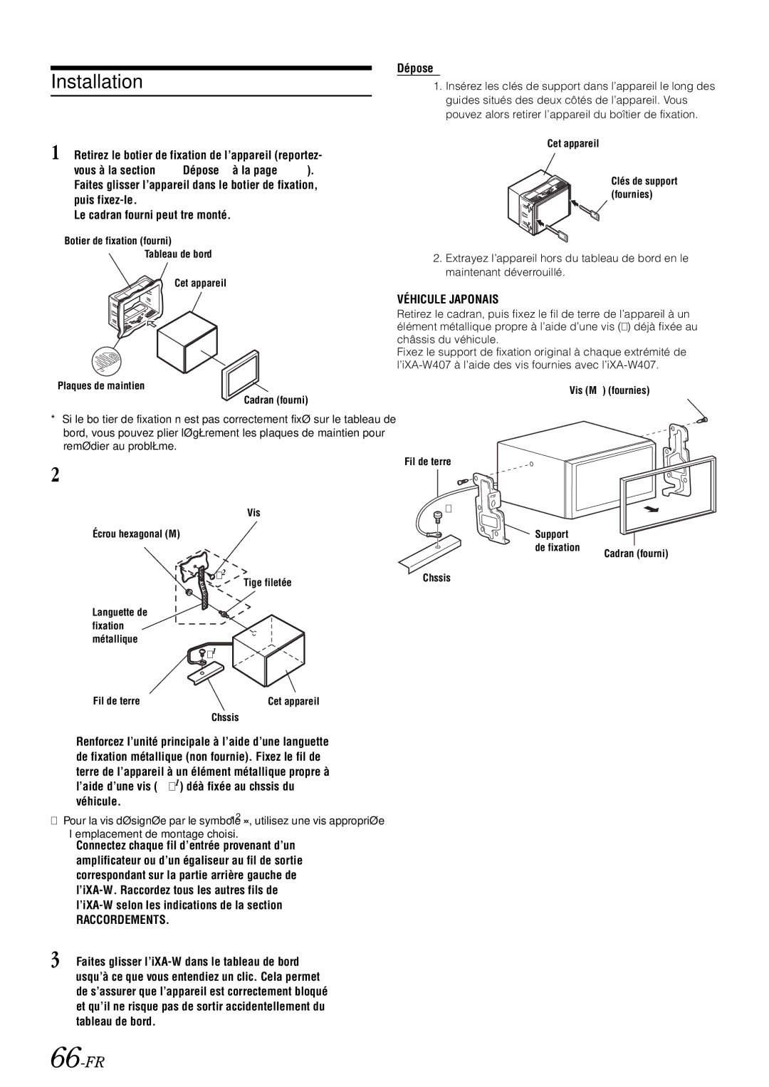 Alpine iXA-W407 owner manual Installation, 66-FR, Dépose 