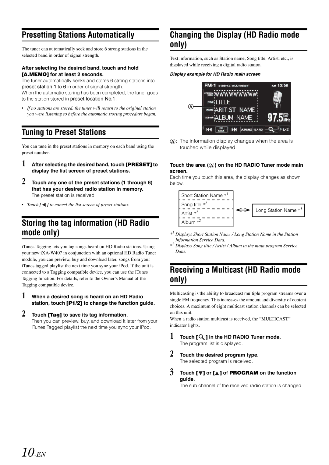 Alpine iXA-W407 Presetting Stations Automatically, Tuning to Preset Stations, Changing the Display HD Radio mode only 