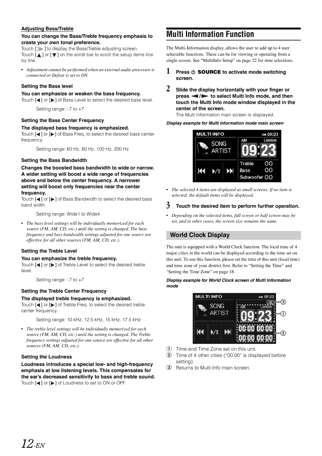 Alpine iXA-W407 owner manual Multi Information Function, World Clock Display, 12-EN, Setting the Loudness 