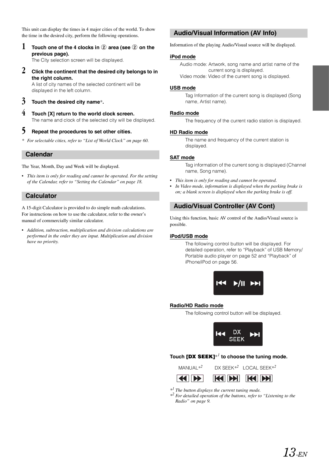 Alpine iXA-W407 owner manual Calendar, Calculator, Audio/Visual Information AV Info, Audio/Visual Controller AV, 13-EN 