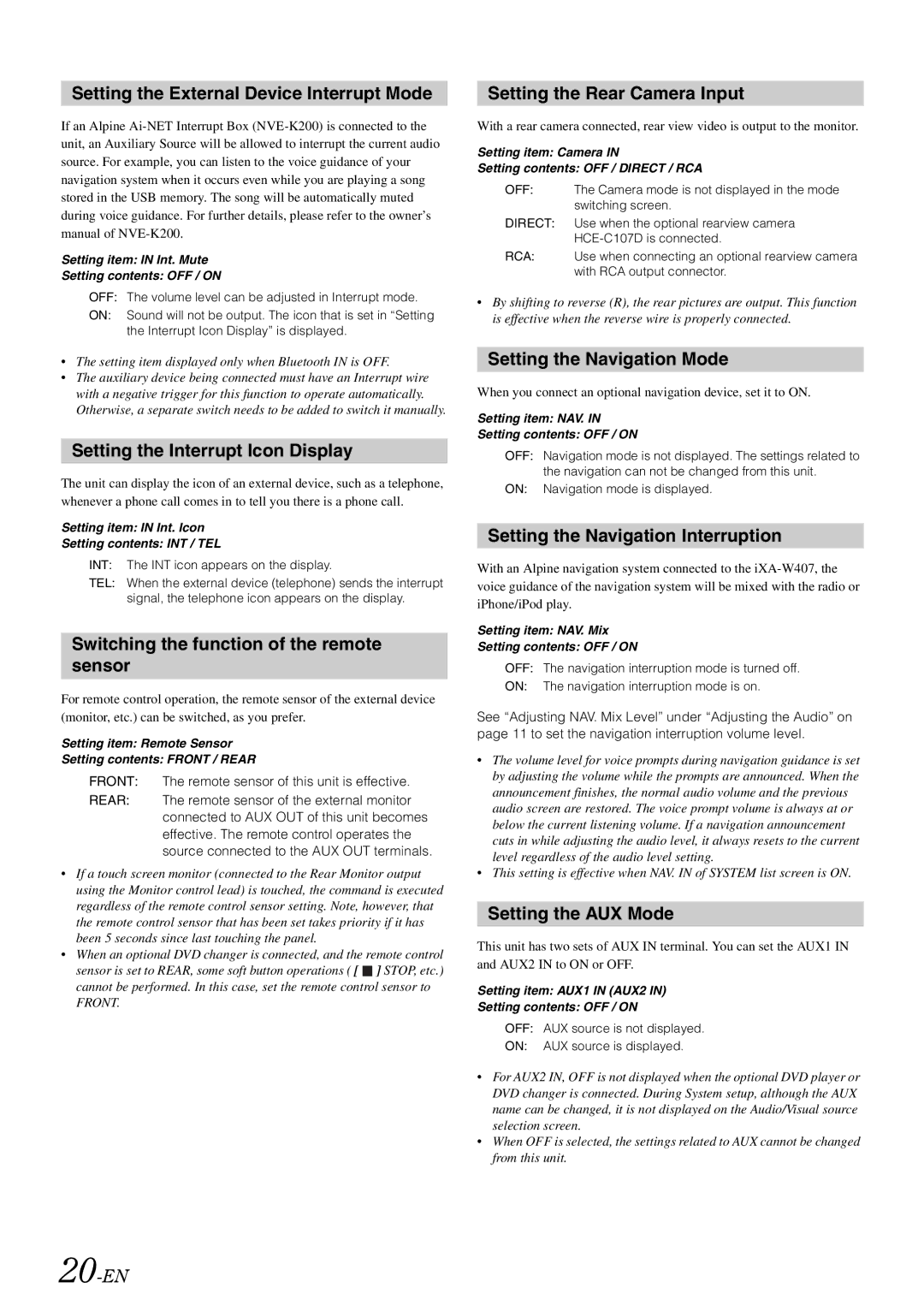 Alpine iXA-W407 Setting the External Device Interrupt Mode, Setting the Interrupt Icon Display, Setting the AUX Mode 