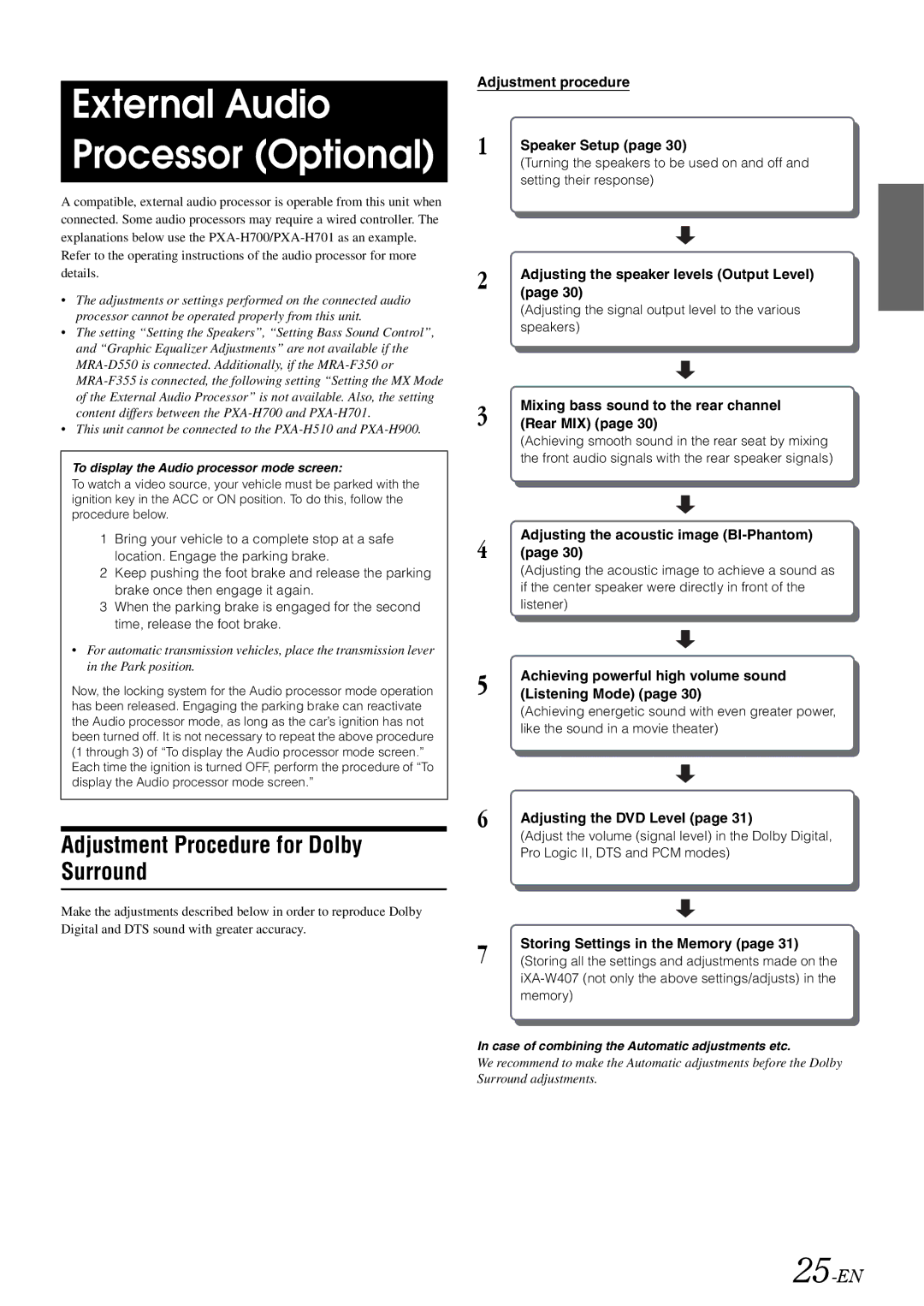 Alpine iXA-W407 owner manual External Audio Processor Optional, Adjustment Procedure for Dolby Surround, 25-EN 