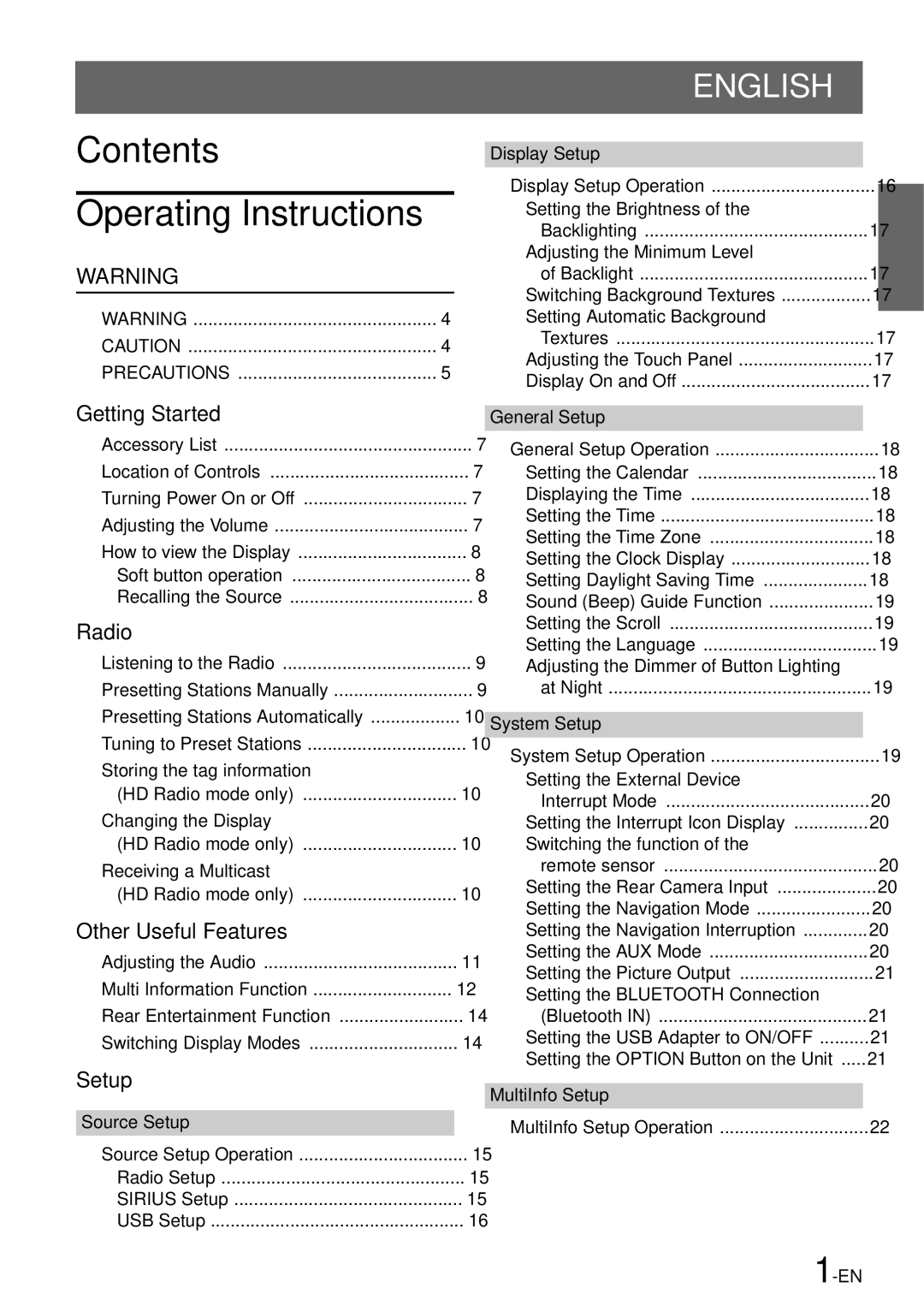 Alpine iXA-W407 owner manual Contents Operating Instructions 