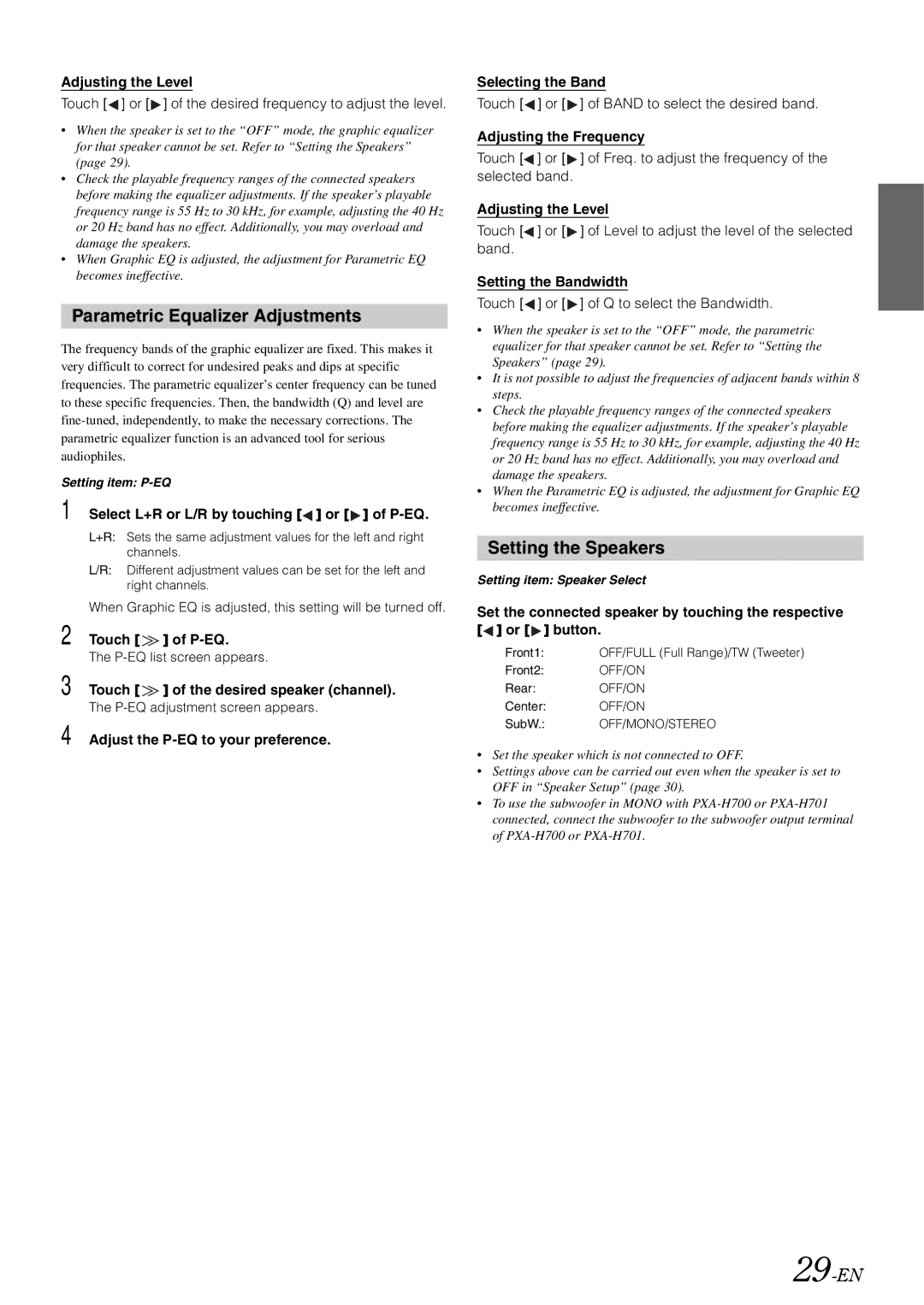 Alpine iXA-W407 owner manual Parametric Equalizer Adjustments, Setting the Speakers, 29-EN 