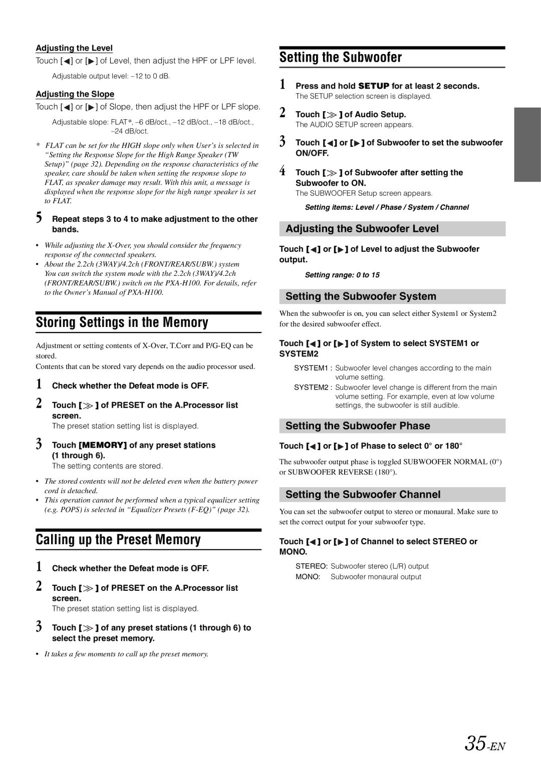 Alpine iXA-W407 owner manual Adjusting the Subwoofer Level, Setting the Subwoofer System, Setting the Subwoofer Phase 