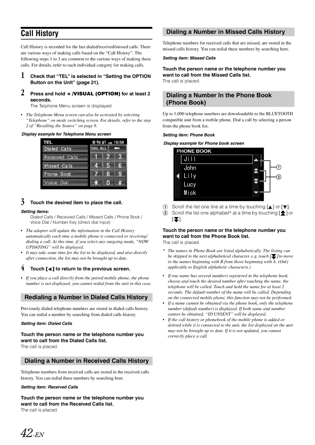 Alpine iXA-W407 Call History, Redialing a Number in Dialed Calls History, Dialing a Number in Received Calls History 