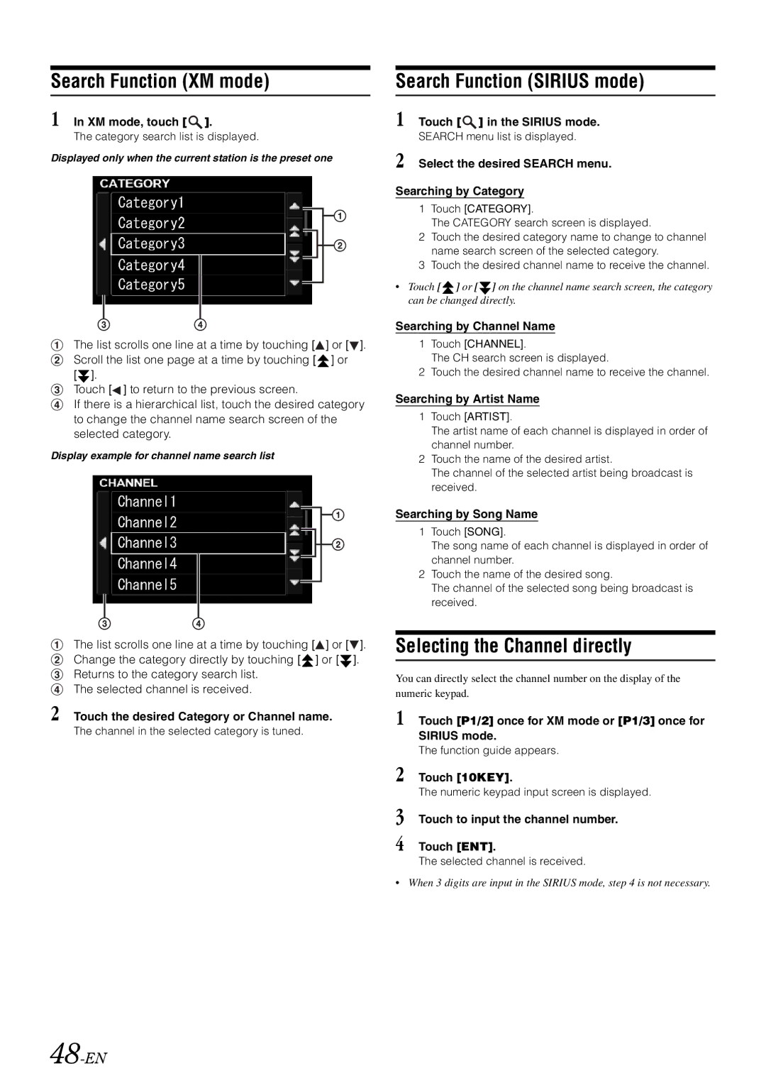 Alpine iXA-W407 owner manual Search Function XM mode, Search Function Sirius mode, Selecting the Channel directly, 48-EN 