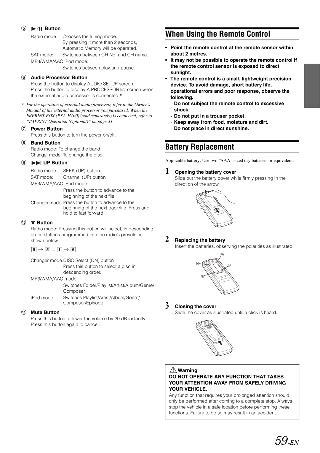 Alpine iXA-W407 owner manual When Using the Remote Control, Battery Replacement, 59-EN 