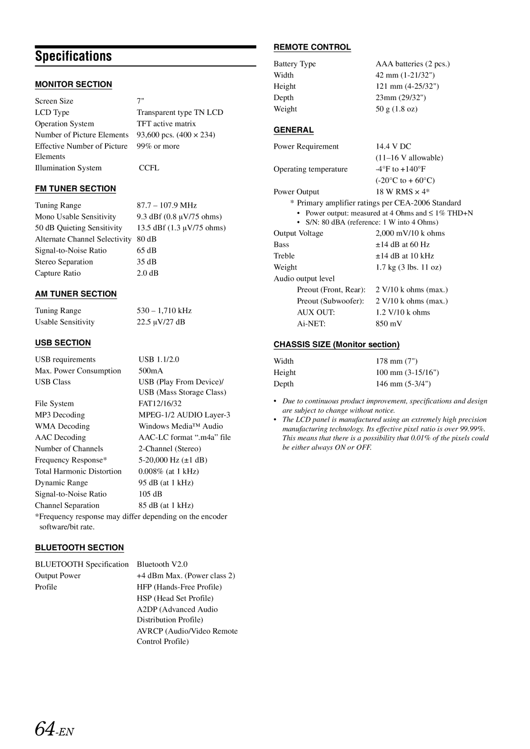 Alpine iXA-W407 owner manual Specifications, 64-EN, Chassis Size Monitor section 