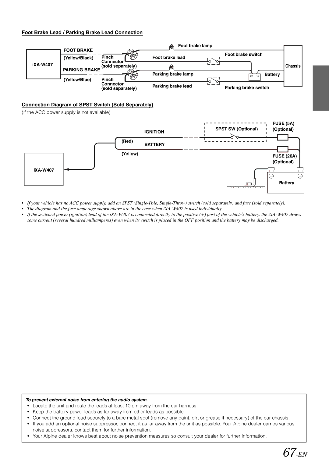 Alpine iXA-W407 67-EN, Foot Brake Lead / Parking Brake Lead Connection, Connection Diagram of Spst Switch Sold Separately 