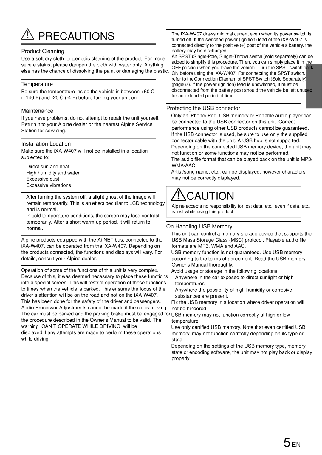 Alpine iXA-W407 owner manual Precautions 